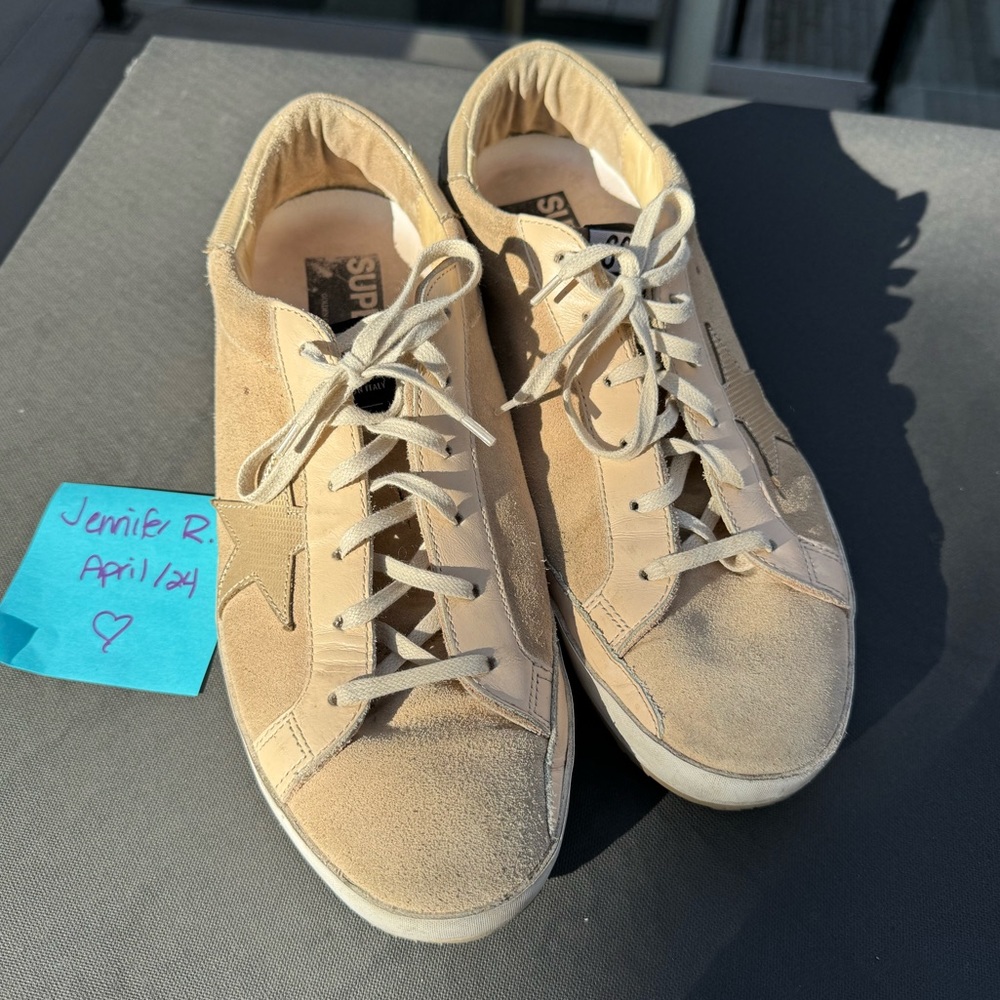 Size 41 GOLDEN GOOSE Superstar sneakers. neutral suede w/ metalic spur/heel
